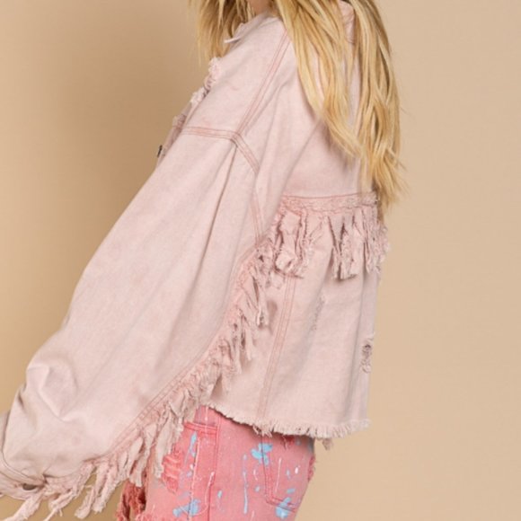 Distressed Fringe Oversized Denim Jacket – powder, pink - Picture 7 of 9
